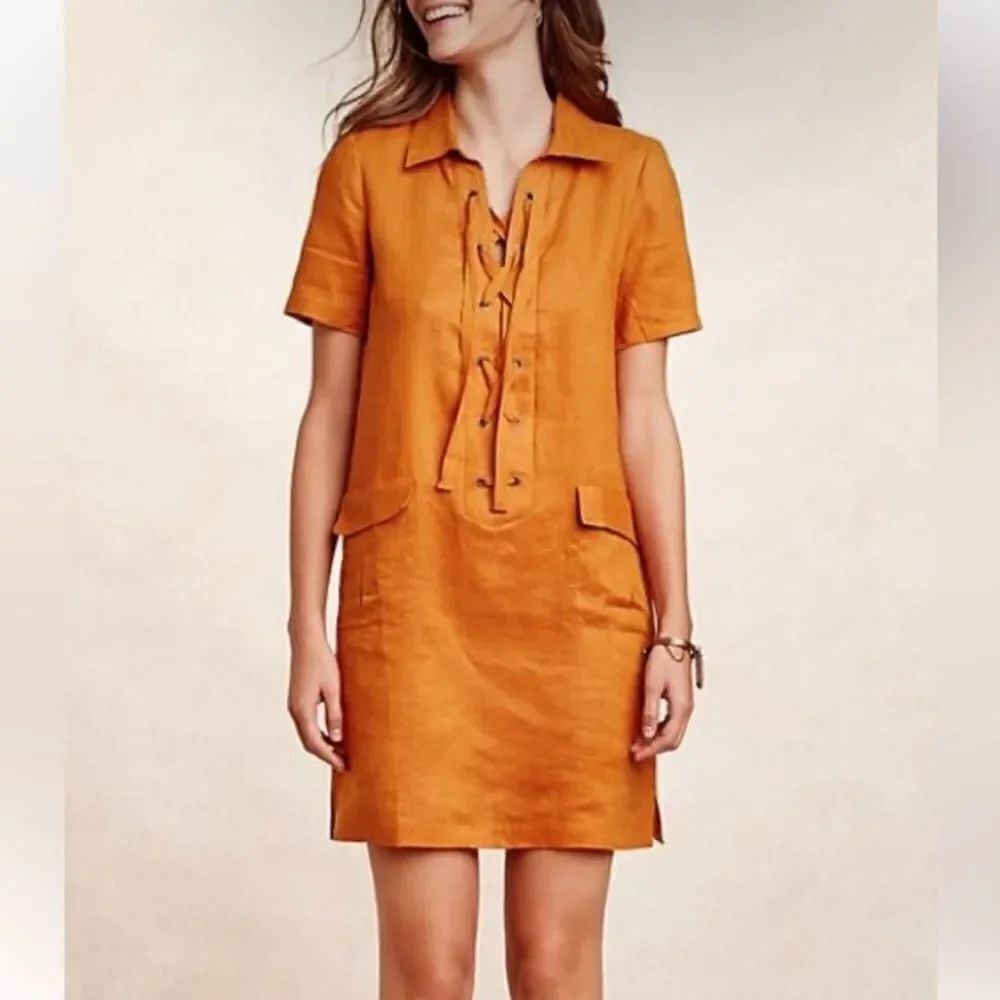 Anthropologie Maeve Womens Lace Up Linen Tunic Dress Sz 6 Short Sleeve Mustard
